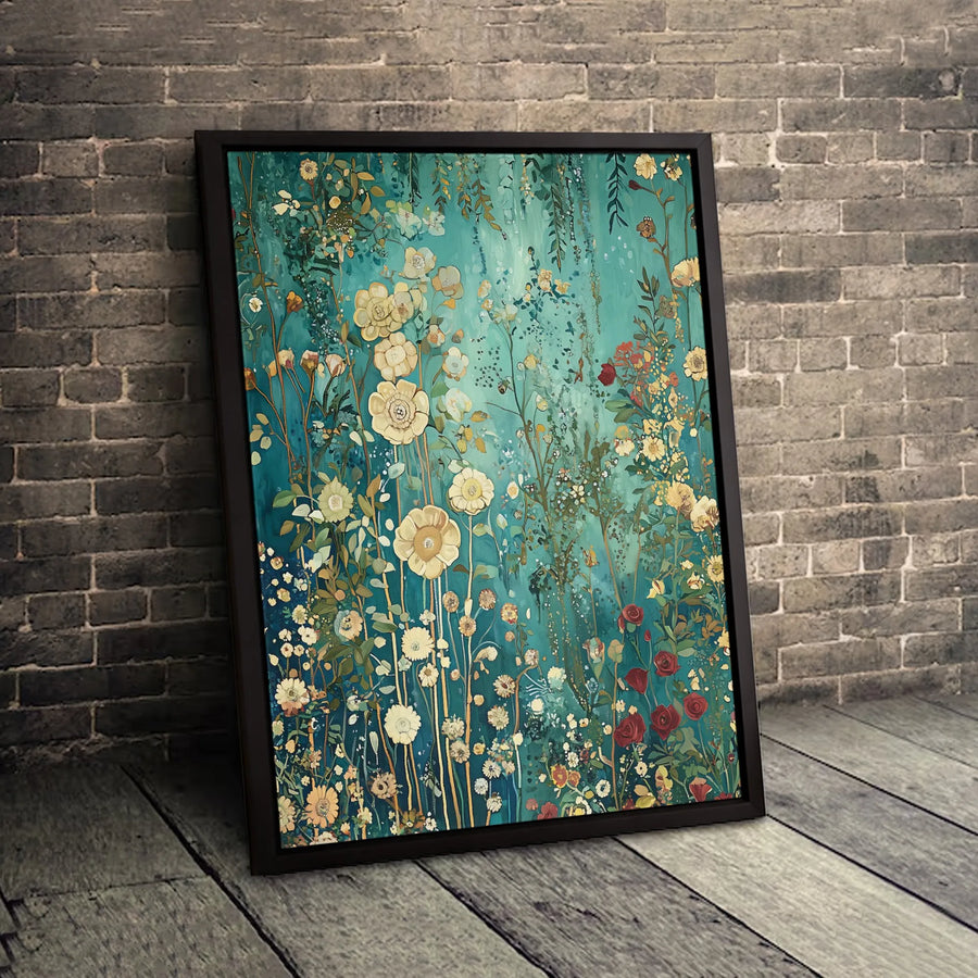 Teal and Gold Wildflower Canvas Art | Modern Botanical Meadow Painting | Premium Gallery-Wrapped Floral Wall Decor | Nature-Inspired Home Gift