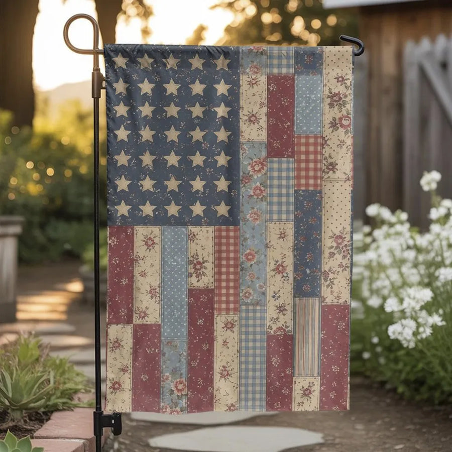 Vintage American Flag Garden Flag | Floral Patchwork Quilt Style | Double Sided Polyester Banner | Patriotic Farmhouse Yard Decor Gift