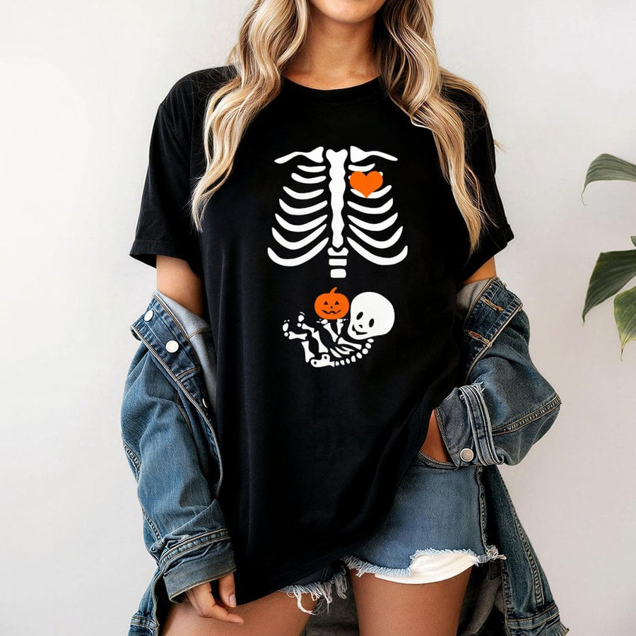 Skeleton Maternity T-Shirt | Cute Pumpkin Baby Skeleton Graphic | 100% Cotton Premium Tee | Funny Pregnancy Announcement Gift for Expectant Moms