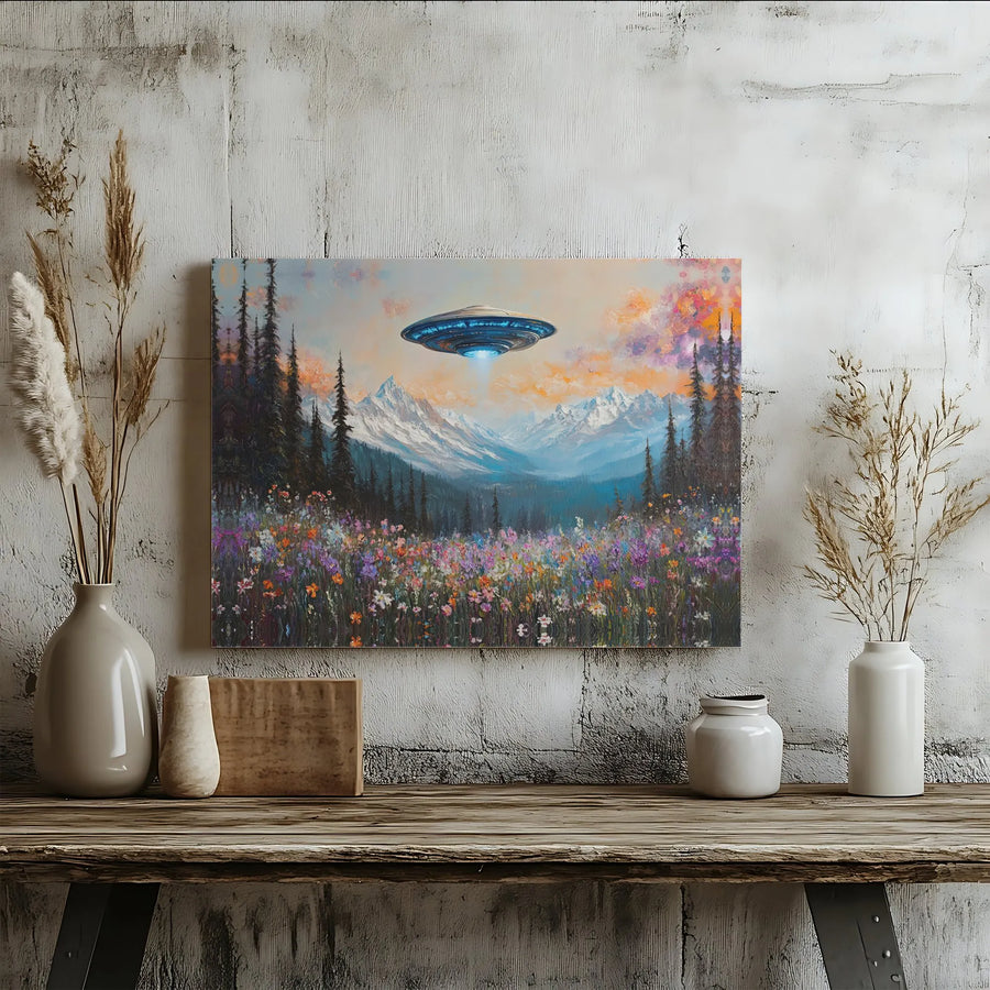 UFO Painting Canvas Art | Surreal Alien Spaceship Over Mountain Wildflower Field | Premium Gallery Wrapped Canvas | Unique Sci-Fi Fan Gift & Home Decor