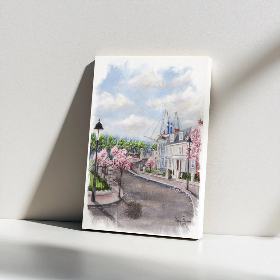 Cherry Blossom Street Canvas Art | Watercolor Coastal Town Scene | Premium Gallery Wrap Print | Spring Home Decor Wall Hanging