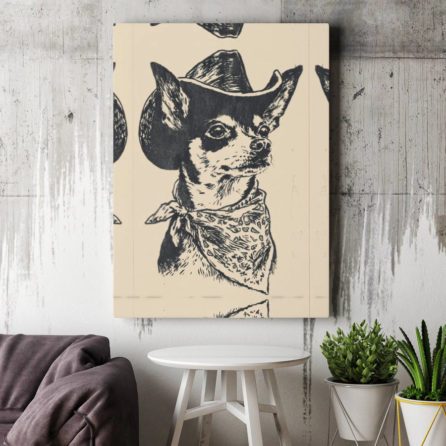 Cowboy Chihuahua Canvas Wall Art | Vintage Sketch Style Portrait | Premium Gallery Wrapped Canvas | Unique Gift for Dog Lover, Rustic Home Decor