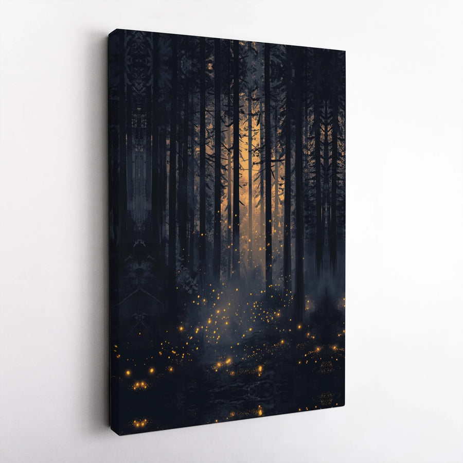 Mystical Forest Canvas Wall Art | Glowing Firefly Sunset Landscape | Premium Gallery Wrapped Wood Frame | Nature Lover Home Decor Gift