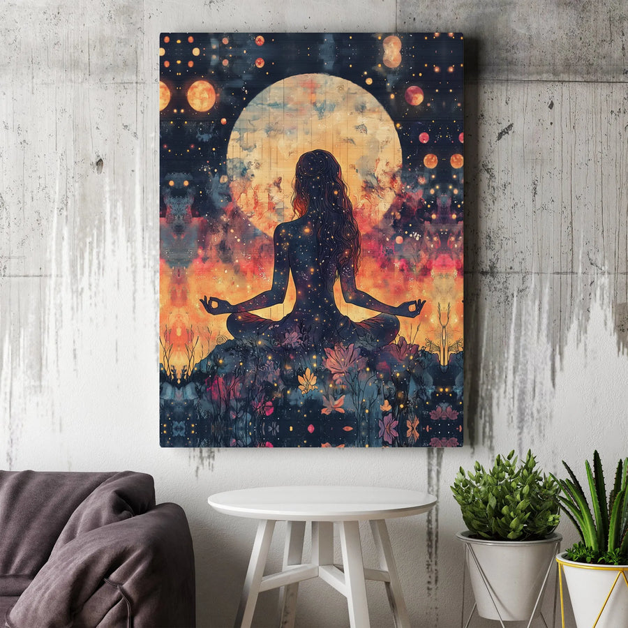 Meditating Yoga Woman Canvas Wall Art | Celestial Galaxy Silhouette with Full Moon | Premium Gallery-Wrapped 1.25" Frame | Spiritual Home Decor Gift