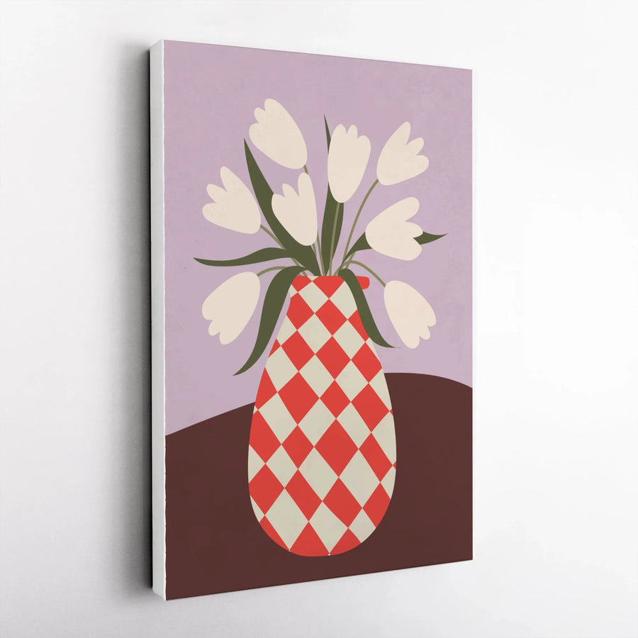 White Tulip Canvas Wall Art | Harlequin Checkered Vase Illustration | Premium 1.25" Gallery Wrap | Modern Kitchen & Living Room Decor Gift