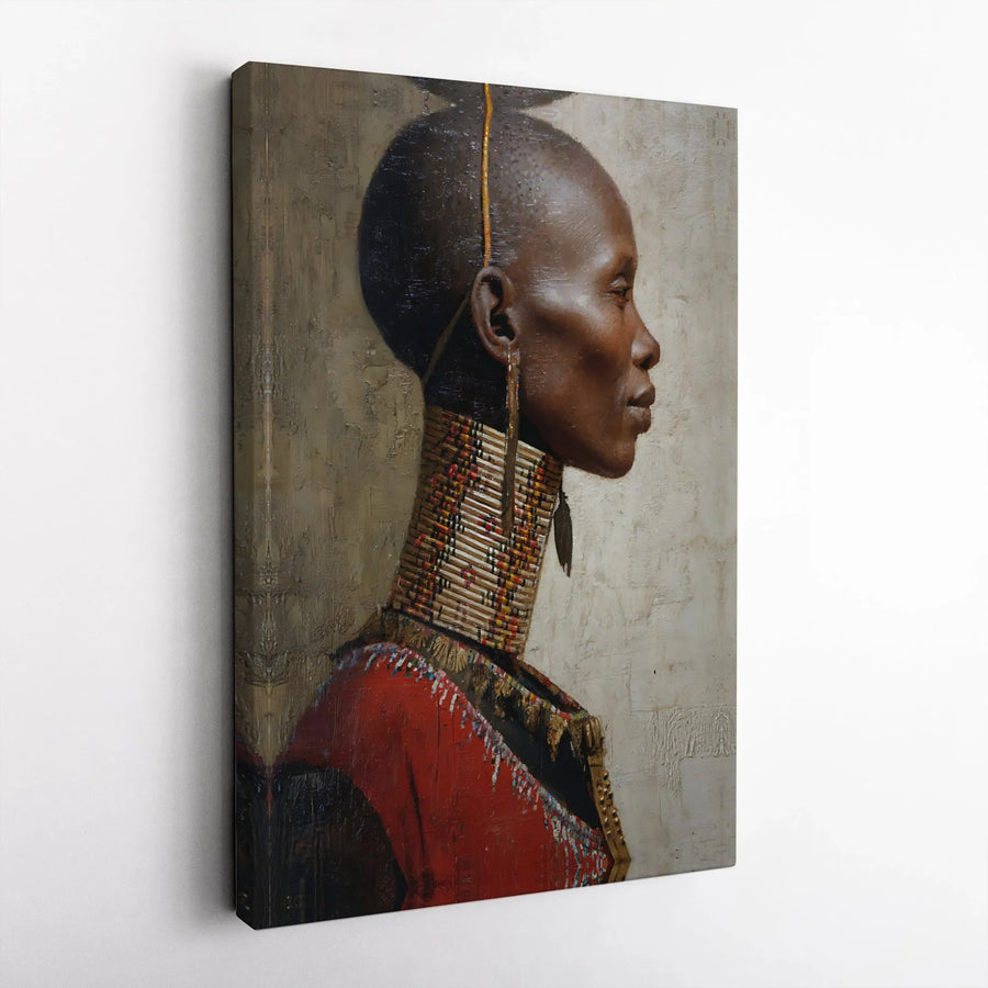 African Woman Canvas Wall Art | Realistic Tribal Portrait with Beaded Collar | Premium Gallery Wrapped Canvas | Modern Home & Office Decor Gift