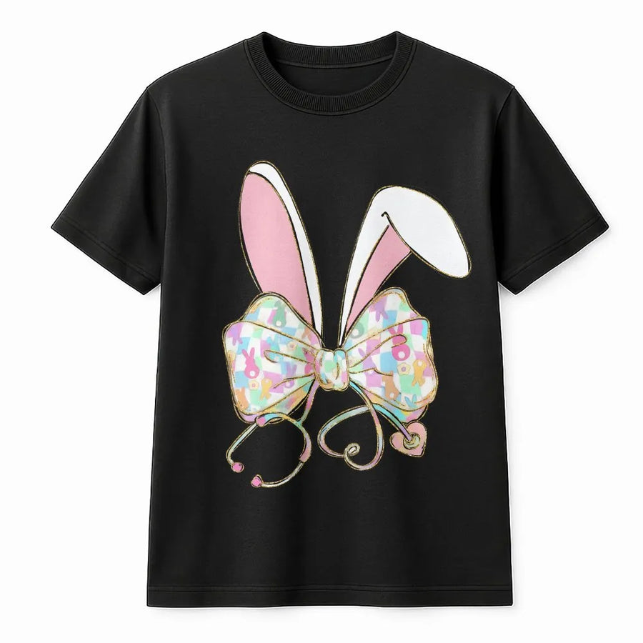 Nurse Easter T-Shirt | Coquette Bunny Ears Stethoscope Design | Premium 100% Cotton | Cute Nursing Student & RN Holiday Gift