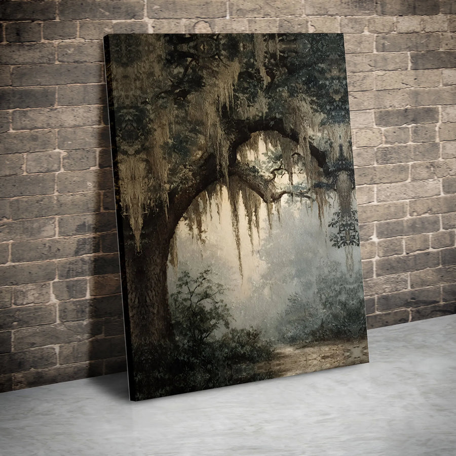 Mystical Oak Tree Canvas Print | Moody Forest Landscape with Spanish Moss | Premium Canvas Art Print | Collector's Living Room Wall Decor