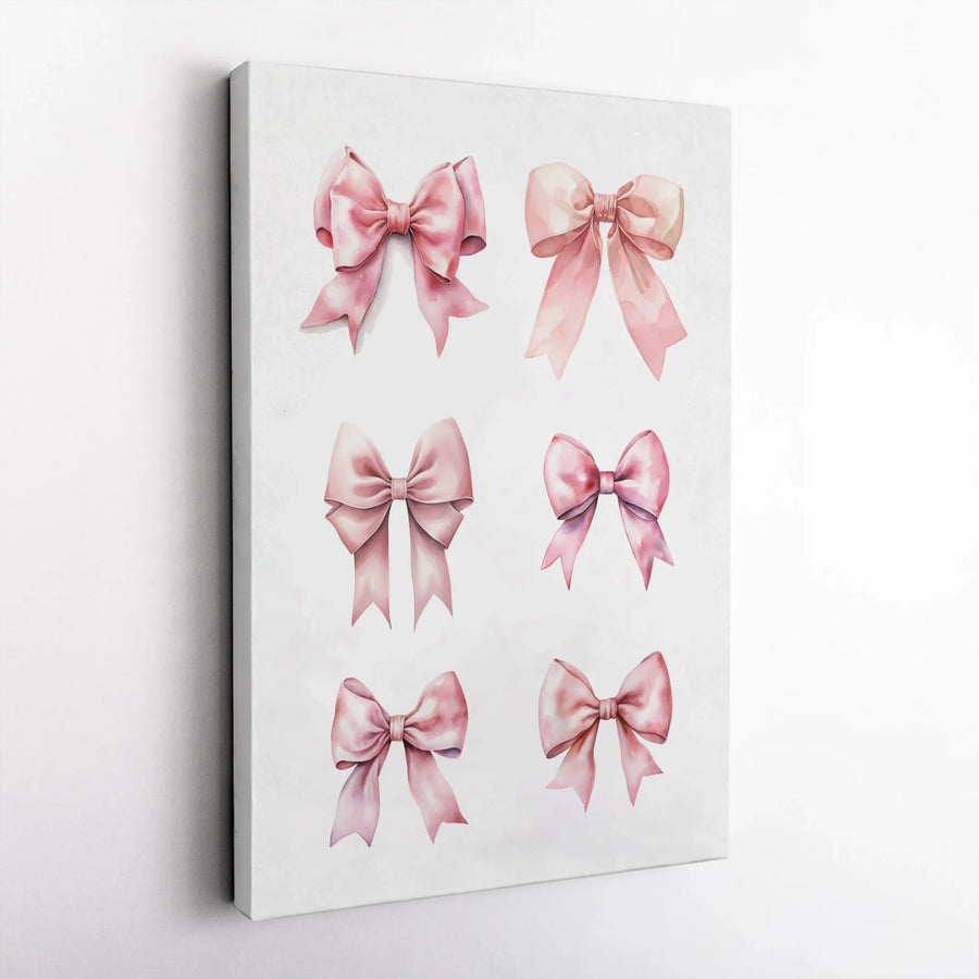 Watercolor Pink Bows Vertical Canvas | Aesthetic Bow Collage Print | Premium Gallery Wrap Canvas | Nursery Wall Decor Gift