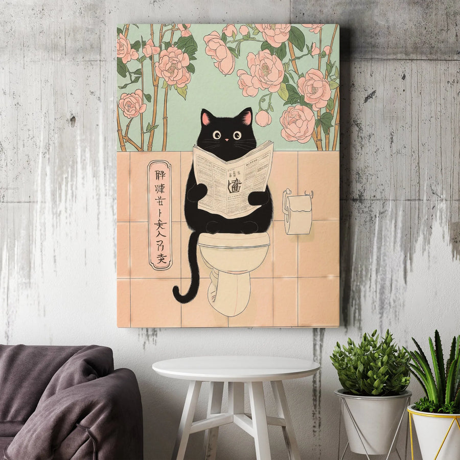 Black Cat Bathroom Wall Art | Funny Japanese Ukiyo-e Print | Premium Canvas Decor | Whimsical Gift For Cat Lovers
