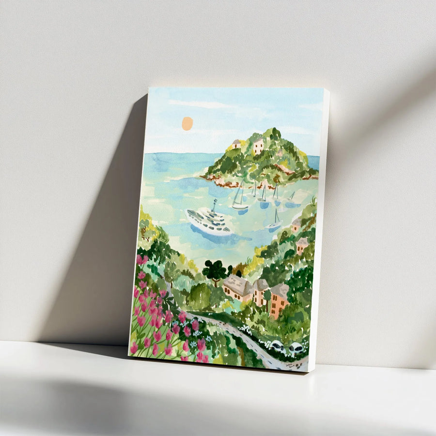 Portofino Italy Vertical Canvas | Watercolor Coastal Seascape Painting | Premium Thick Gallery Wrap | Travel Lover Wall Decor Gift