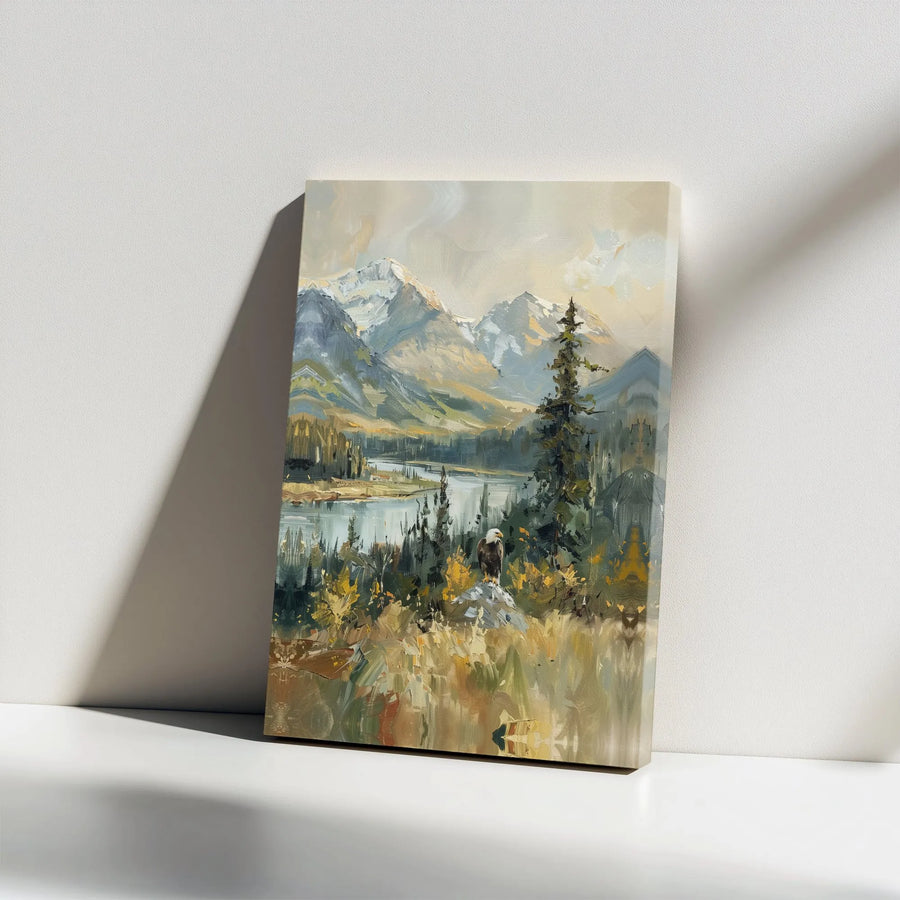 Mountain Eagle Canvas Wall Art | Rustic Landscape Painting Style Print | Premium 1.25" Thick Canvas | Gift for Nature Lover, Cabin Decor
