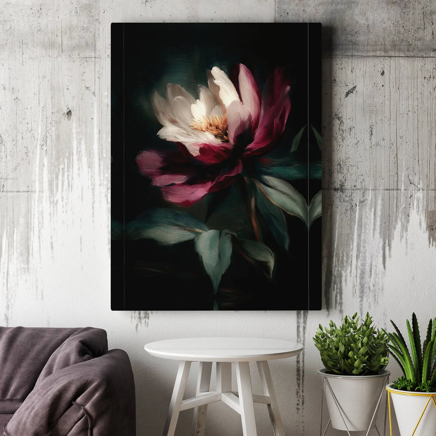 Dark Floral Canvas Wall Art | Dramatic Peony Oil Painting Print | Premium Gallery Wrapped Canvas | Modern Botanical Home Decor Gift