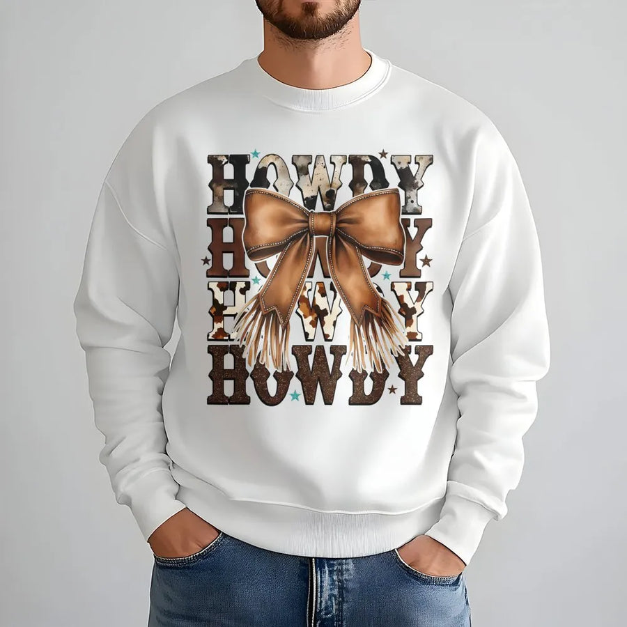 Howdy Cowgirl Sweatshirt | Western Brown Leather Bow Graphic | Premium Cotton Blend | Trendy Coquette Country Aesthetic Gift for Her