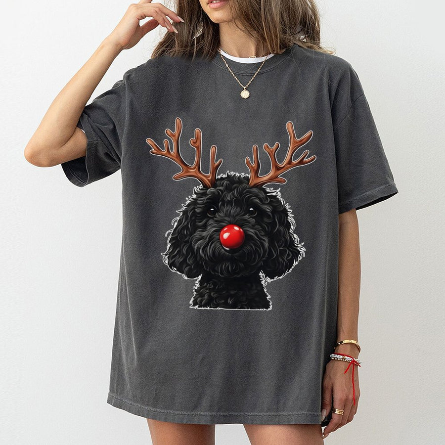 Goldendoodle Christmas T-Shirt | Reindeer Antlers & Red Nose Graphic | Premium 100% Cotton | Funny Holiday Gift for Doodle Dog Lovers