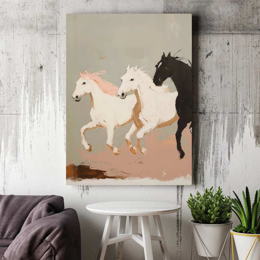 Running Horse Canvas Wall Art | Abstract Equine Trio Painting | Premium Gallery Wrapped Print | Modern Farmhouse Living Room Decor Gift