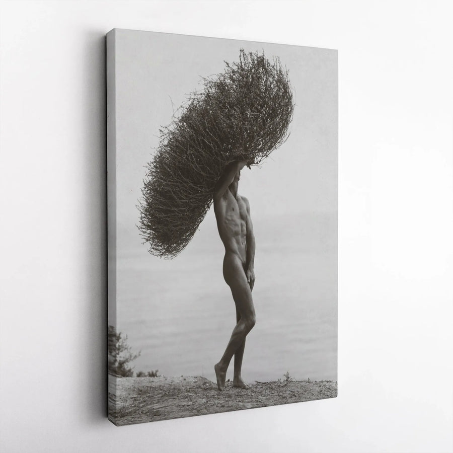 Surreal Man with Tumbleweed Canvas Print | Artistic Black and White Wall Art | Premium Gallery-Wrapped Portrait | Modern Home Decor for Living Room