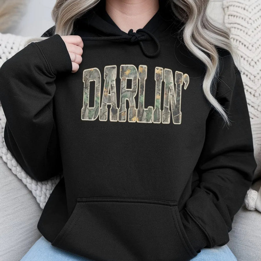 Darlin' Camo Hoodie | Rustic Southern Style Typography | Premium Cotton Blend | Country Girl Gift for Hunting and Outdoors
