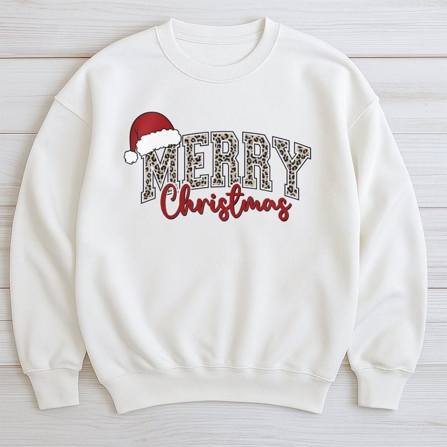 Merry Christmas Sweatshirt | Leopard Print Varsity Lettering with Santa Hat | Premium Cotton Blend | Unisex Festive Holiday Gift for Women and Men