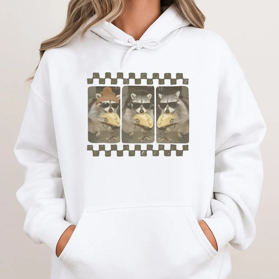 Funny Raccoon Hoodie | Taco Eating Trash Panda Retro Checkerboard Graphic | Soft Cotton Blend | Unisex Collector's Gift for Animal Lovers