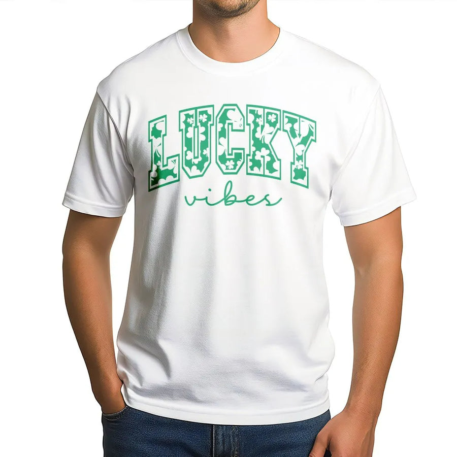 Lucky Vibes St Patricks Day T-Shirt | Shamrock Clover Collegiate Graphic Print | Premium Soft Cotton Tee | Cute Irish Outfit Gift For Women