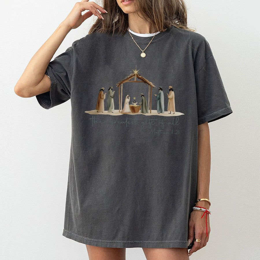 Nativity Scene T-Shirt | The Greatest Gift Of All Christian Christmas Apparel | 100% Cotton Religious Graphic Tee | Meaningful Holiday Faith Gift