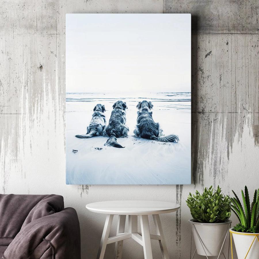 Three Golden Retriever Dogs Wall Art | Coastal Beach Scene Sketch | Premium 1.25" Gallery Canvas | Gift for Dog Lovers and Pet Owners