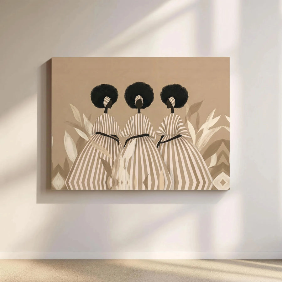 African American Art Horizontal Canvas | Modern Black Women in Striped Dresses Boho Print | Premium 1.25" Gallery Wrap Wall Decor | Elegant Cultural Gift for Living Room