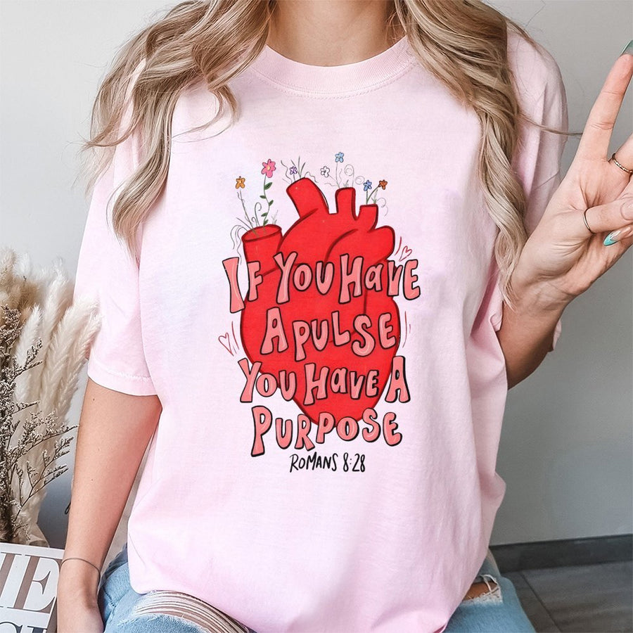 If You Have A Pulse You Have A Purpose Christian T-Shirt | Anatomical Heart Floral Design | Premium Soft Cotton | Inspirational Religious Faith Gift