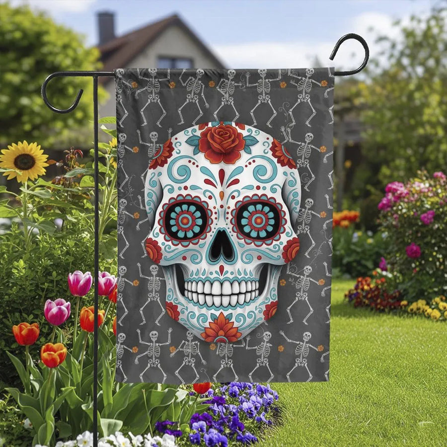 Sugar Skull Garden Flag | Floral Calavera & Dancing Skeletons | Weather Resistant Double Sided Banner | Outdoor Yard Decor Gift for Dia De Los Muertos