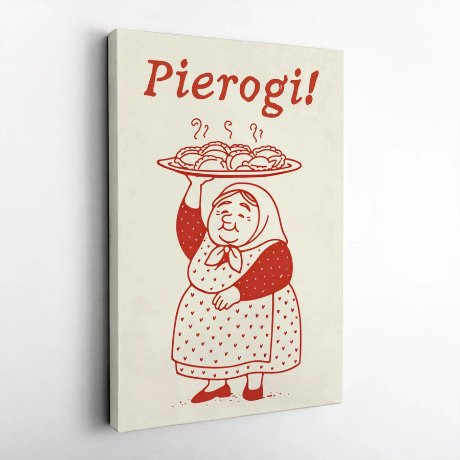 Pierogi Wall Art | Polish Babcia Holding Dumplings Illustration | Gallery-Quality 1.25 Inch Thick Canvas | Kitchen Decor Gift for Foodies