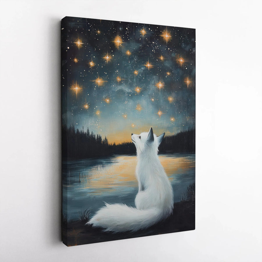 Arctic Fox Starry Night Canvas | Celestial Wildlife Art Print | Premium Frameless Gallery Wrap | Nursery Decor Collector's Gift