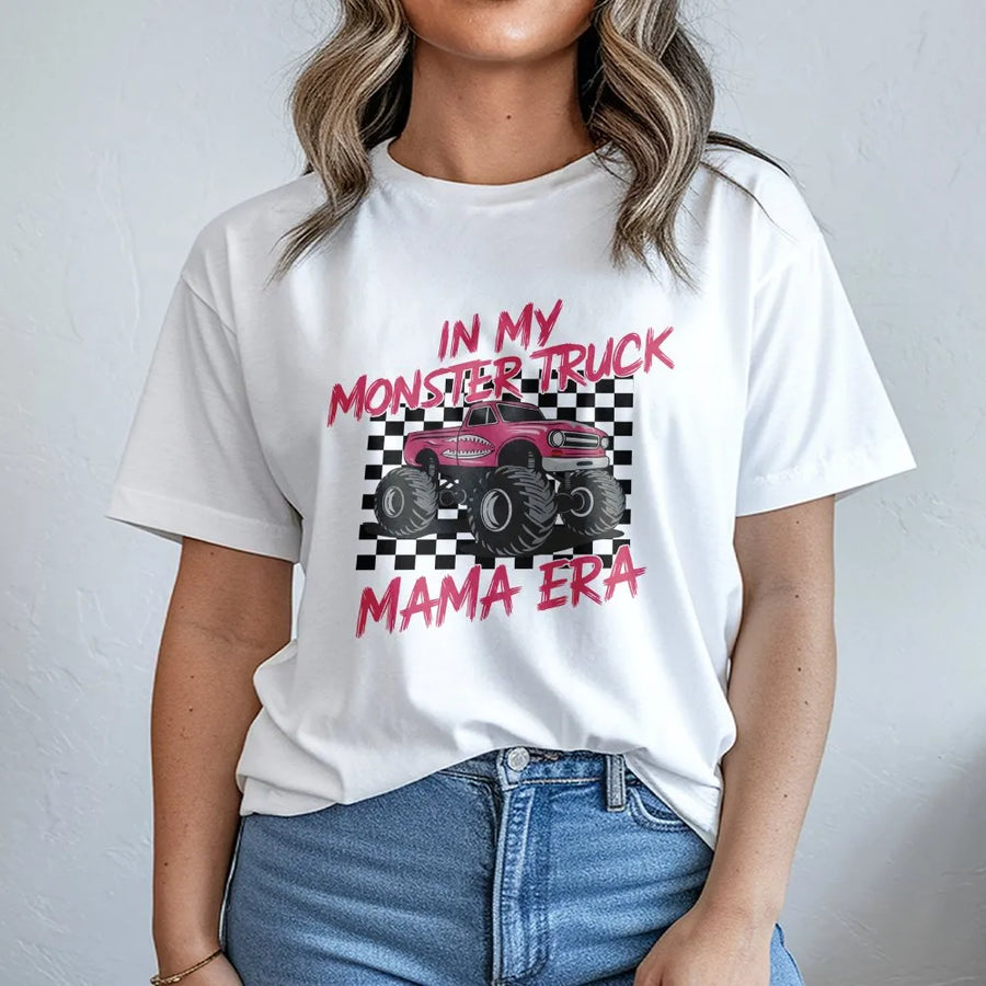 In My Monster Truck Mama Era T-Shirt | Retro Checkerboard Racing Mom Graphic Tee | 100% Soft Cotton Premium Quality | Funny Gift for Car-Loving Moms