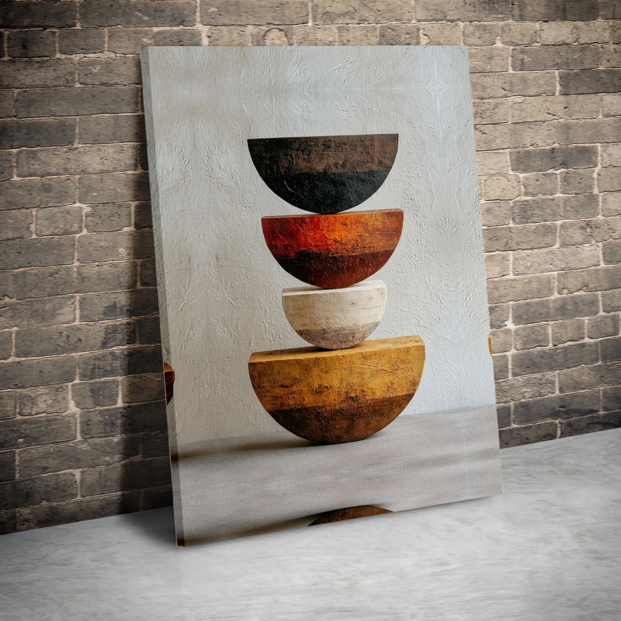Minimalist Geometric Canvas Print | Textured Earth Tone Bowl Stack Art | Premium Thick Gallery Canvas | Modern Living Room Wall Decor Gift