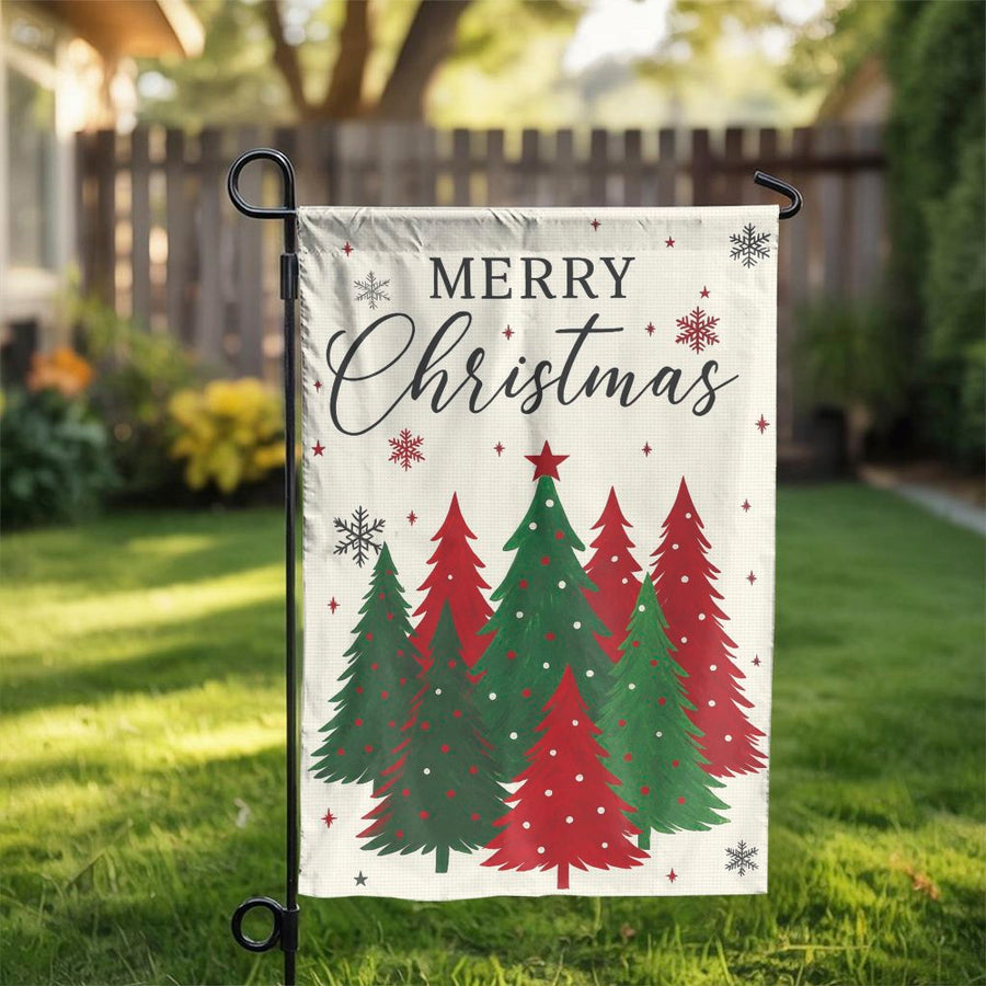 Merry Christmas Garden Flag | Red and Green Festive Trees | Durable UV-Resistant Polyester | Holiday Yard Decor for Front Porch