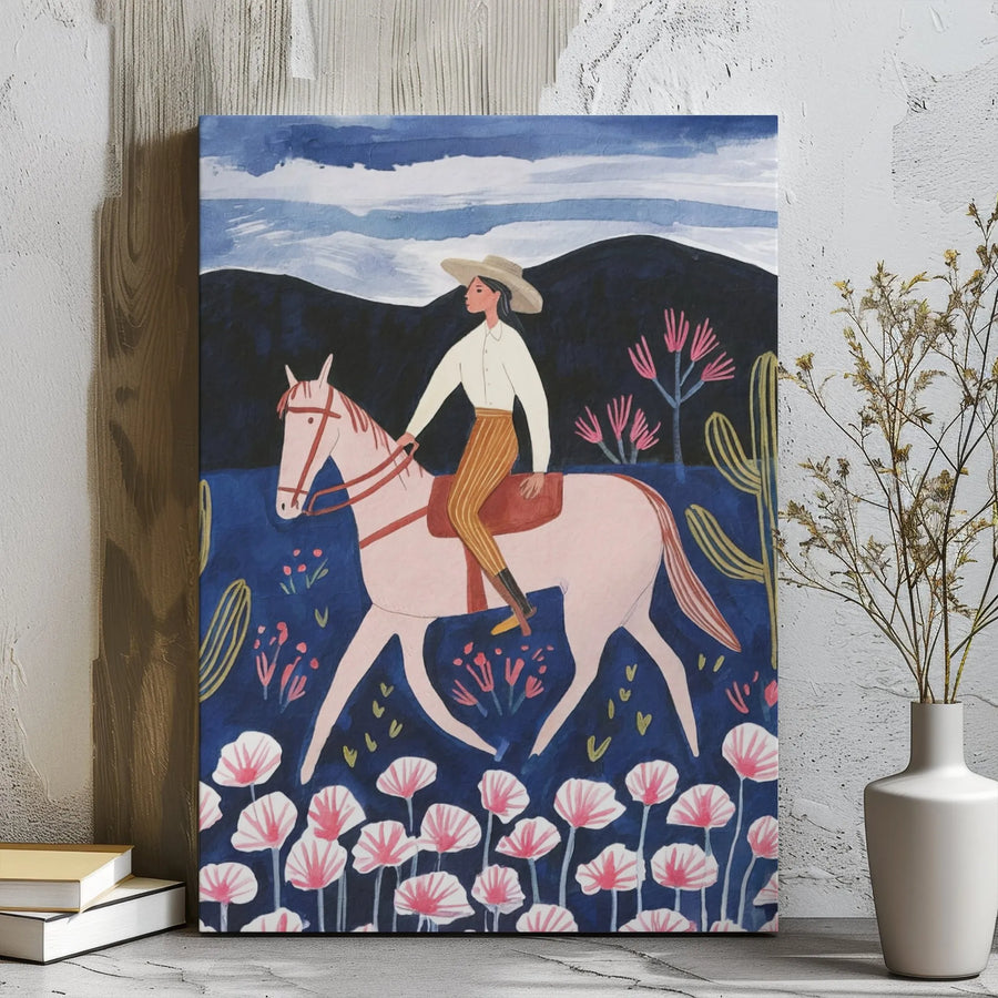 Cowgirl Wall Art | Whimsical Desert Landscape with Pink Horse | Gallery Wrapped Canvas | Western Boho Home Decor for Living Room