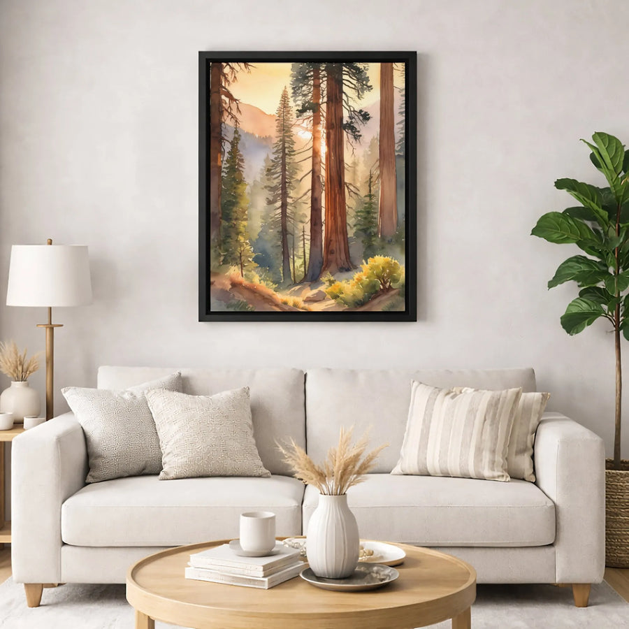 Redwood Forest Canvas Art | Watercolor Sunrise Landscape Wall Decor | Gallery Quality Premium Print | Serene Nature Gift for Home Office