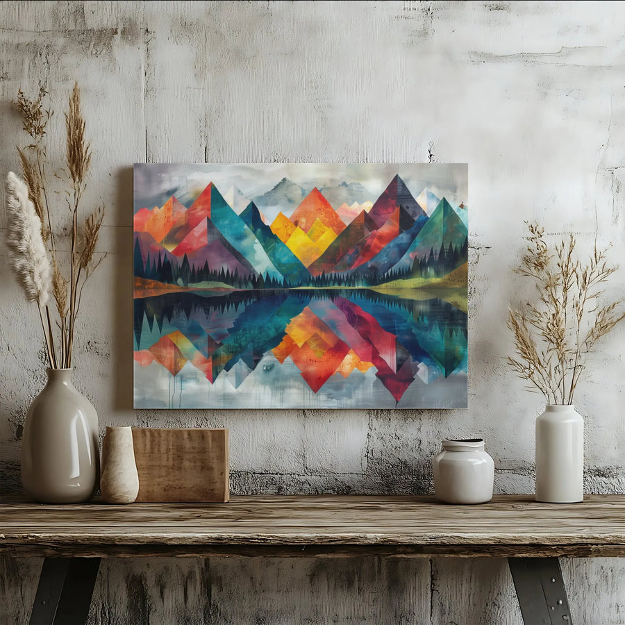 Abstract Mountain Wall Art | Colorful Geometric Landscape Reflection | Premium 1.25" Gallery Wrap Canvas | Modern Home & Office Decor