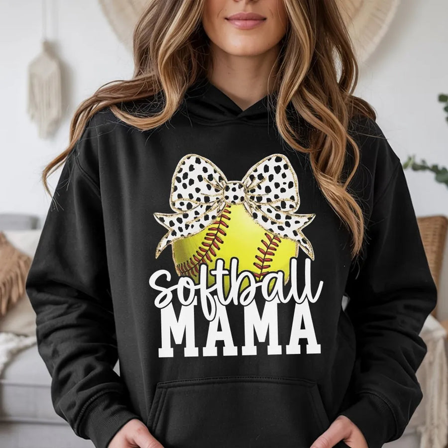 Softball Mama Hoodie | Retro Coquette Bow Graphic | Premium Cotton-Poly Blend | Game Day Baseball Mom Gift