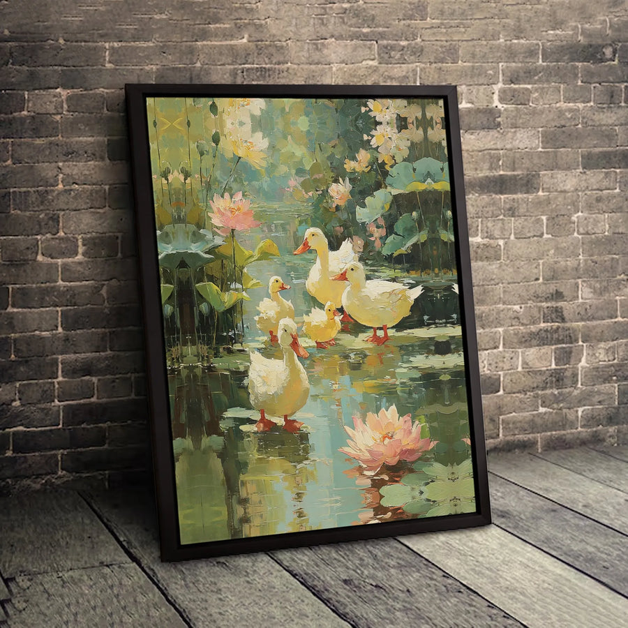 Duck Family Canvas Wall Art | Impressionist Pond Landscape with Lilies | Premium Fade-Resistant Gallery Print | Whimsical Nursery or Living Room Decor