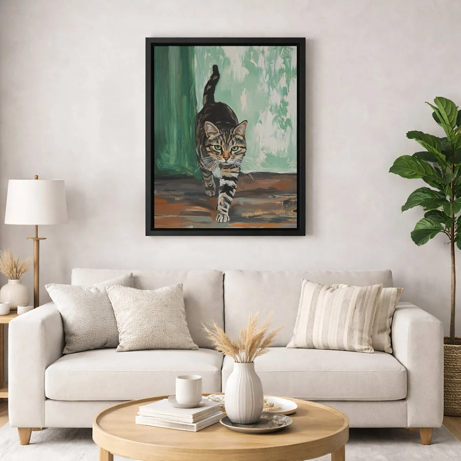 Brown Tabby Cat Wall Art | Walking Tiger Striped Cat Painting | Premium Gallery Wrap Canvas | Modern Pet Lover Home Decor Gift