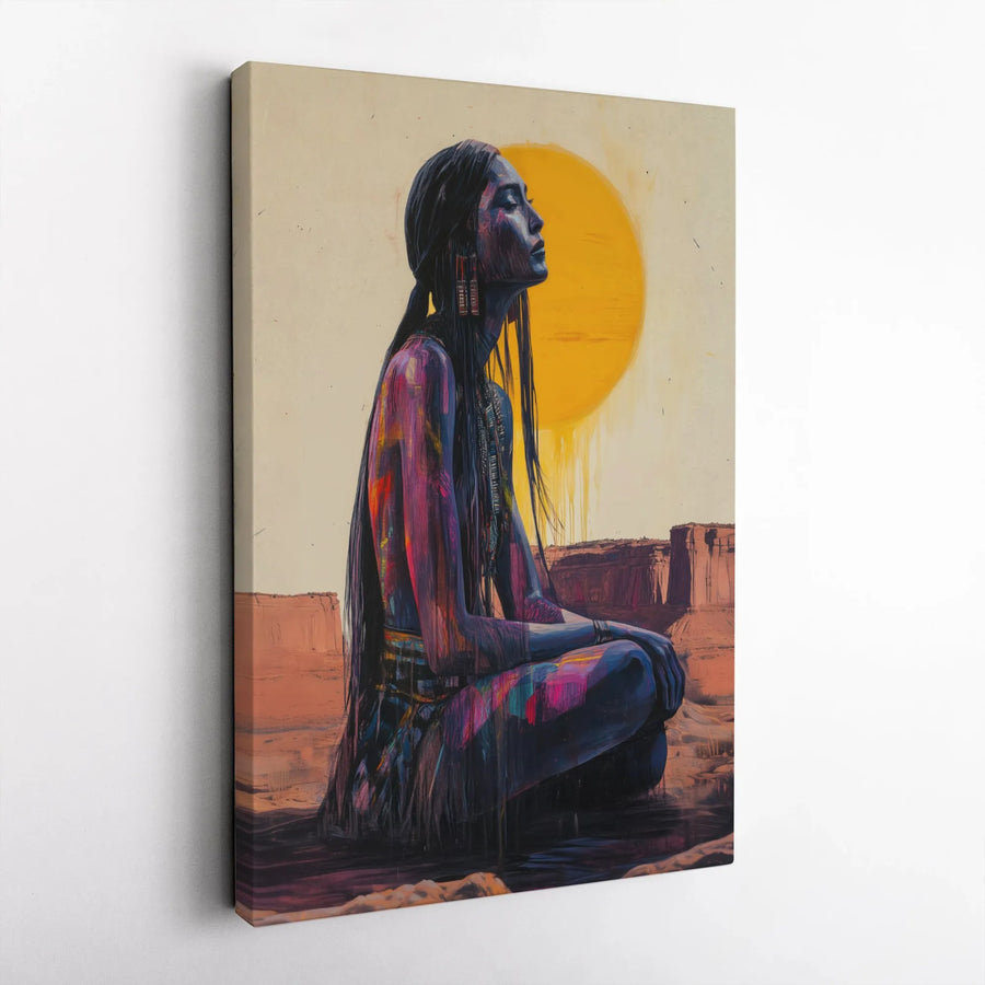Native American Woman Canvas Wall Art | Meditating Desert Sunset Portrait | Premium Gallery Wrapped Print | Spiritual Home Decor Gift