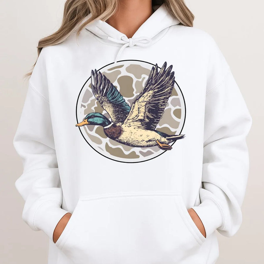 Mallard Duck Hunting Hoodie | Retro Flying Mallard Graphic | Premium Cotton Blend | Gift for Waterfowl Hunters and Outdoorsmen