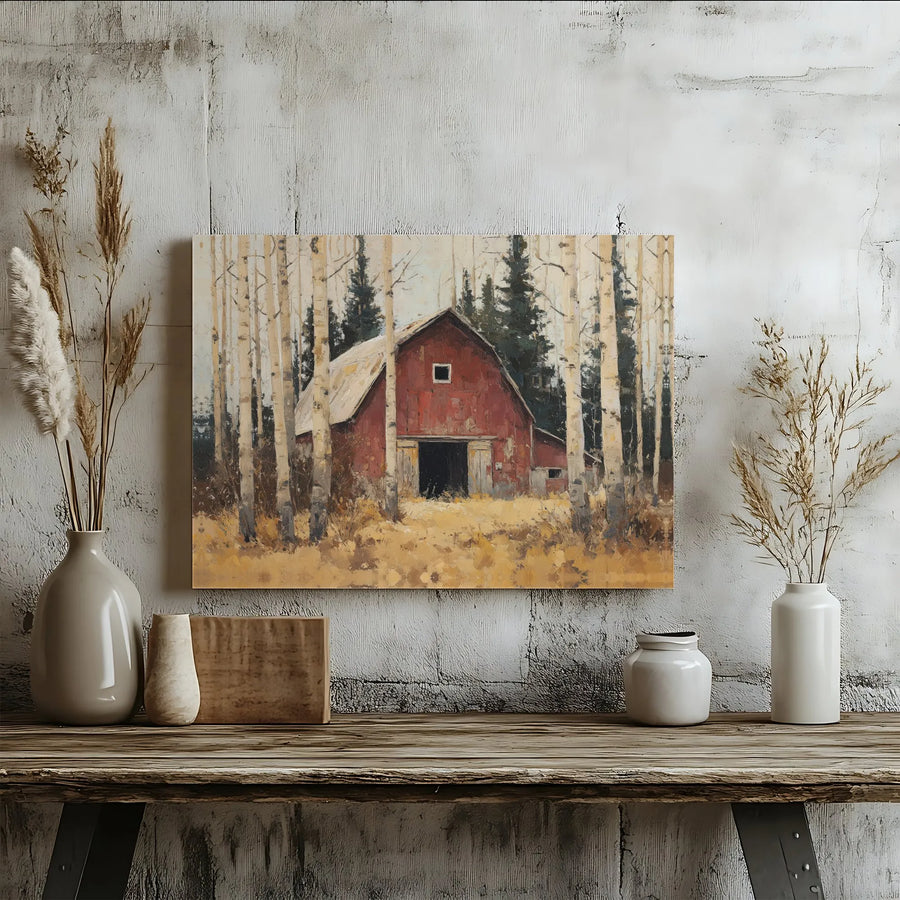 Rustic Red Barn Canvas Art | Birch Tree Forest Landscape Painting | Premium Gallery Wrapped Wall Decor | Farmhouse Living Room Gift
