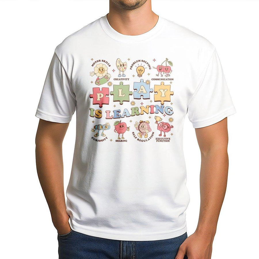 Play Is Learning Teacher T-Shirt | Retro Preschool Educator Design | 100% Cotton Premium Tee | Kindergarten Classroom Gift for Women