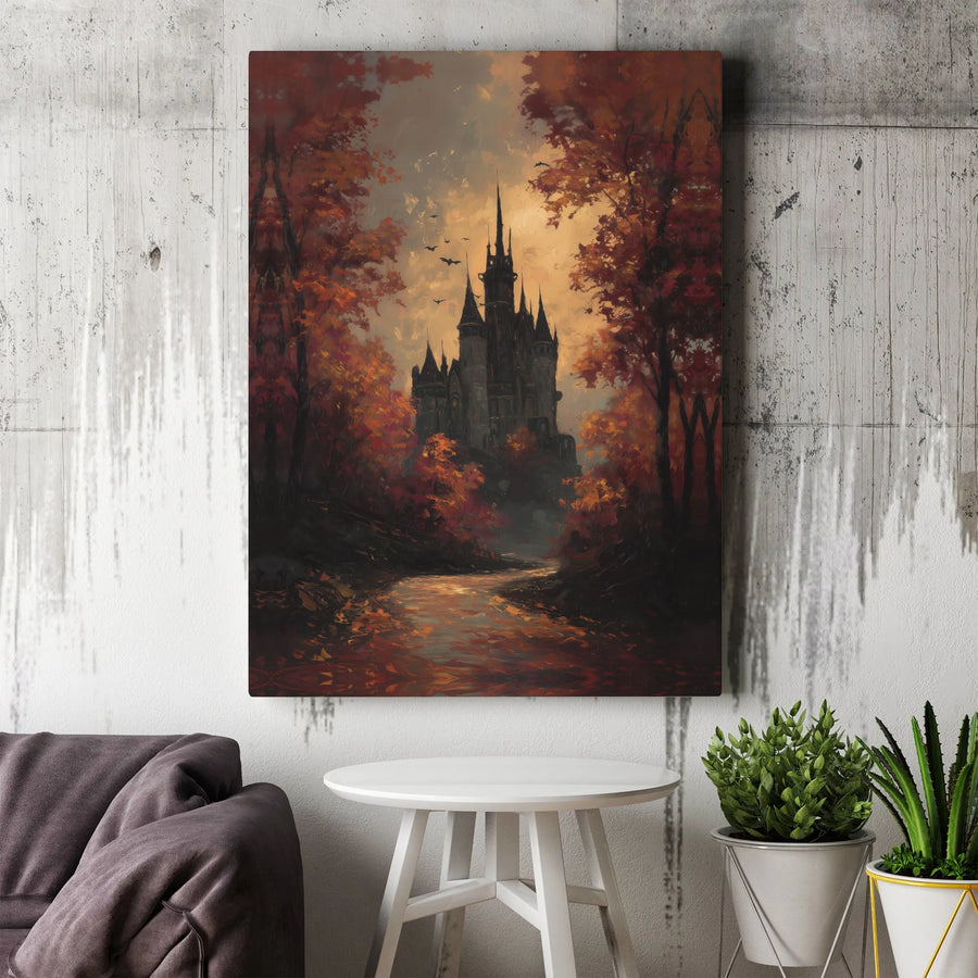 Gothic Castle Canvas Wall Art | Haunted Autumn Forest Painting | Premium Thick Gallery Wrap | Dark Fantasy Home Decor Gift