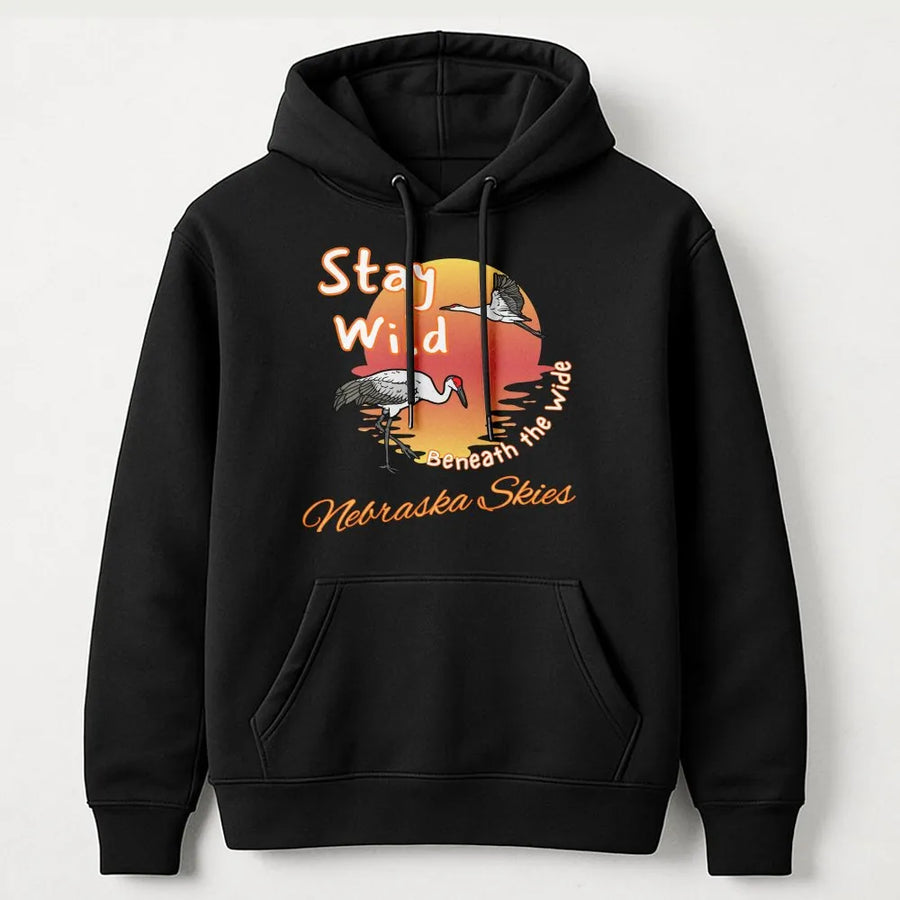 Nebraska Sandhill Crane Hoodie | Stay Wild Sunset Graphic | Premium Cotton Tee | Gift for Nature Lover