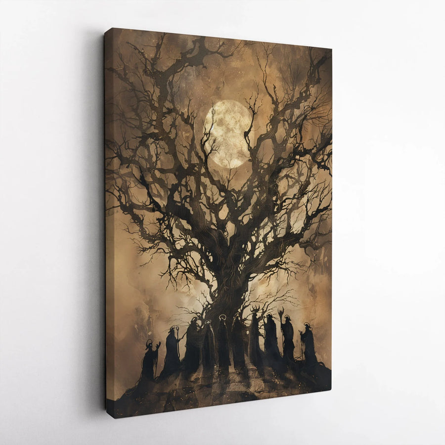Gothic Coven Ritual Canvas Wall Art | Dark Forest Moon Silhouette | Premium 1.25-inch Gallery Wrapped Print | Occult Home Decor Gift