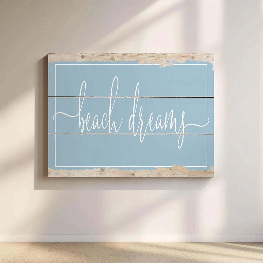 Beach Dreams Wall Art | Rustic Blue Coastal Script Decor | Premium Gallery-Wrapped Canvas | Nautical Living Room Beach House Decor