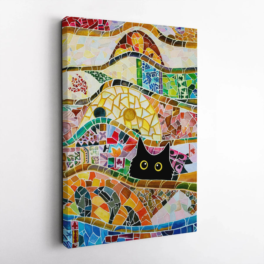 Black Cat Mosaic Wall Art | Peeking Cat Gaudí Style Canvas | Premium Fade-Resistant Print | Unique Cat Lover Home Decor Gift